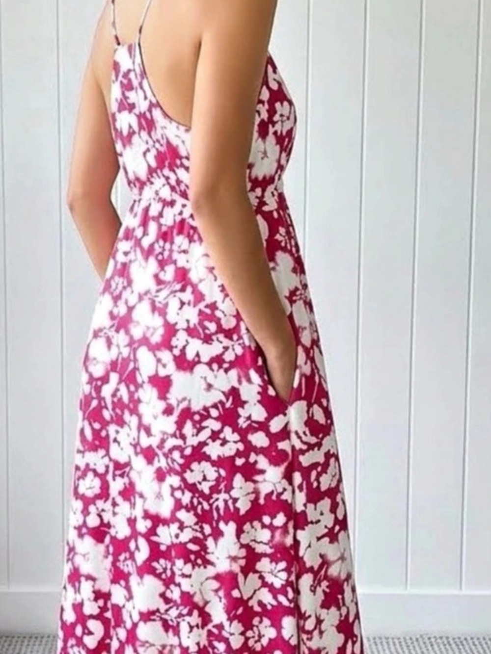 Nicole Miller Maxi Slip Dress with Pockets Floral Pink & White L